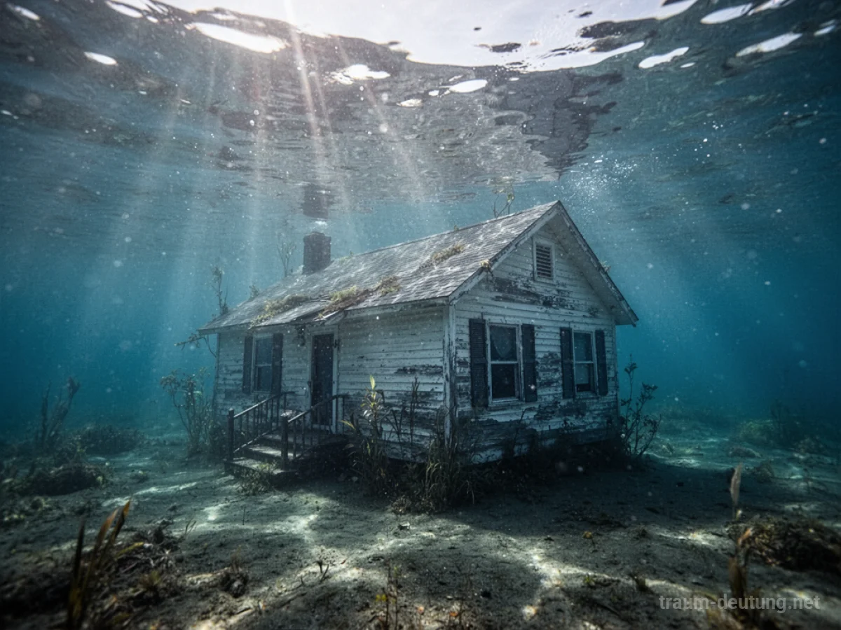 Ein Haus, das unter Wasser liegt, mit Sonnenlicht, das durch das klare Wasser scheint.