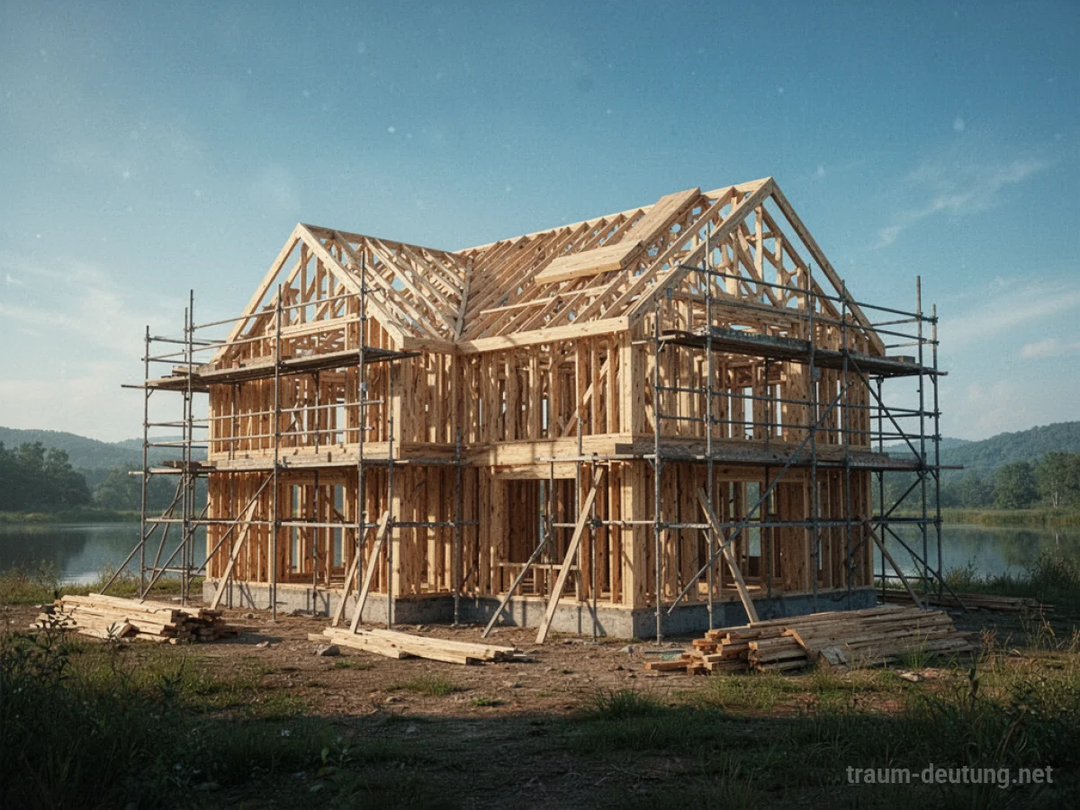 Ein im Bau befindliches Haus mit sichtbaren Holzkonstruktionen und Gerüsten.
