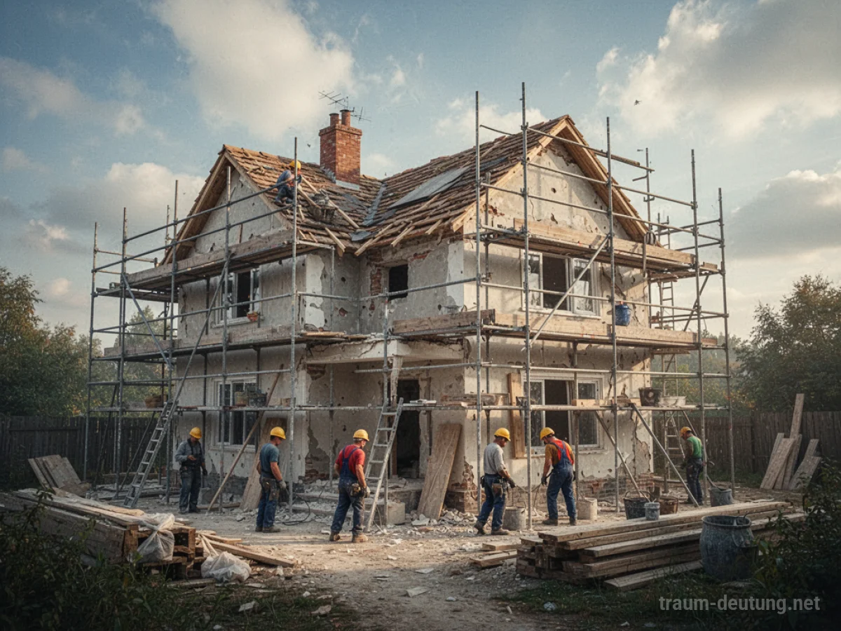 Haus im Umbau mit Gerüsten und Arbeitern