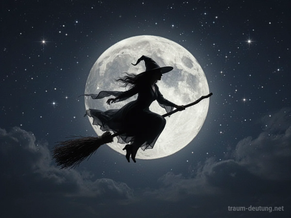 Hexe fliegt auf Besen vor Vollmond am Nachthimmel