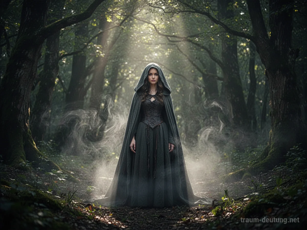 Hexe im dunklen Wald stehend, von Lichtstrahlen durchdrungen