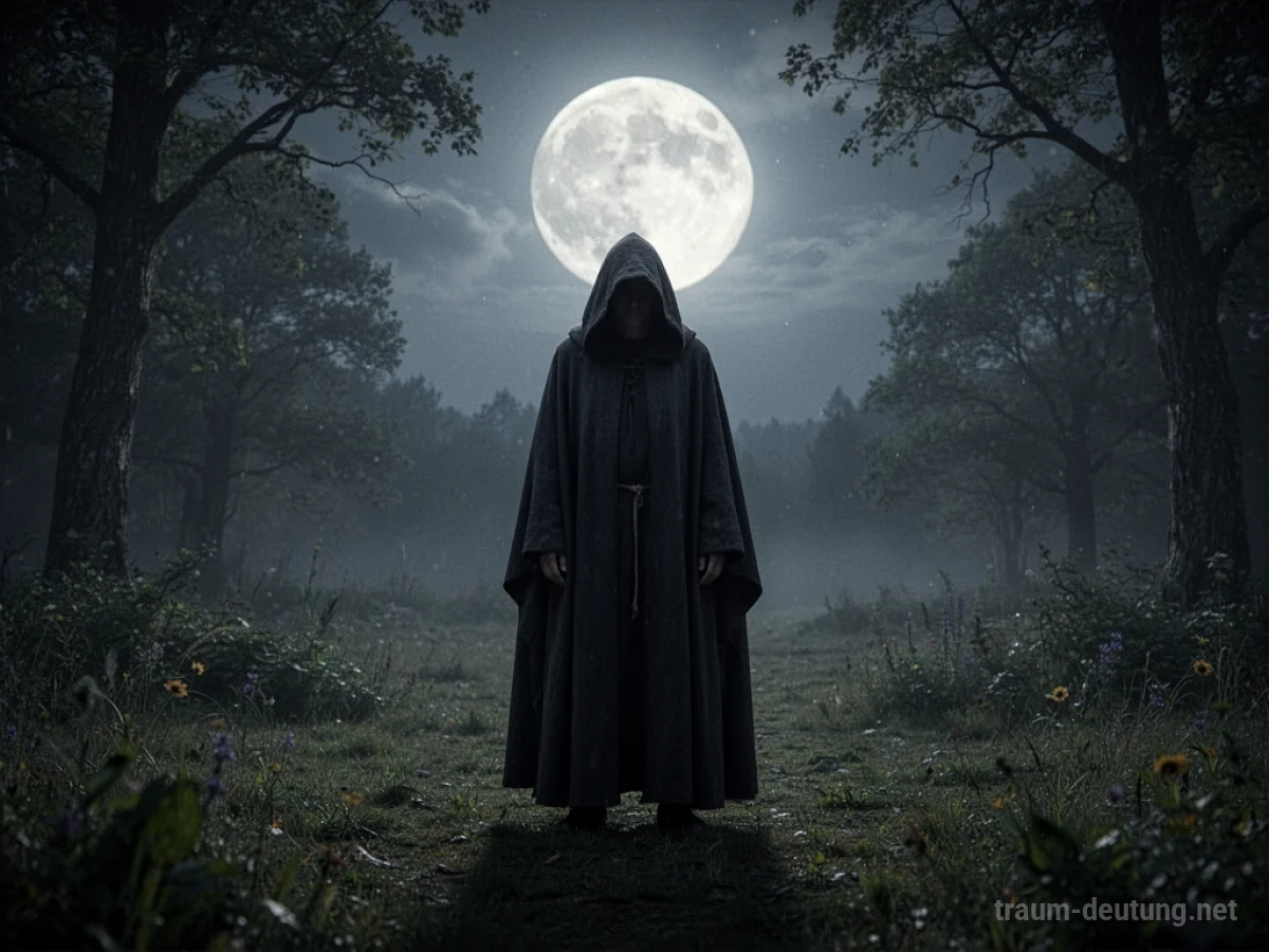 Eine schattenhafte Figur einer Hexe ohne Besen steht allein in einem mondbeschienenen Wald.