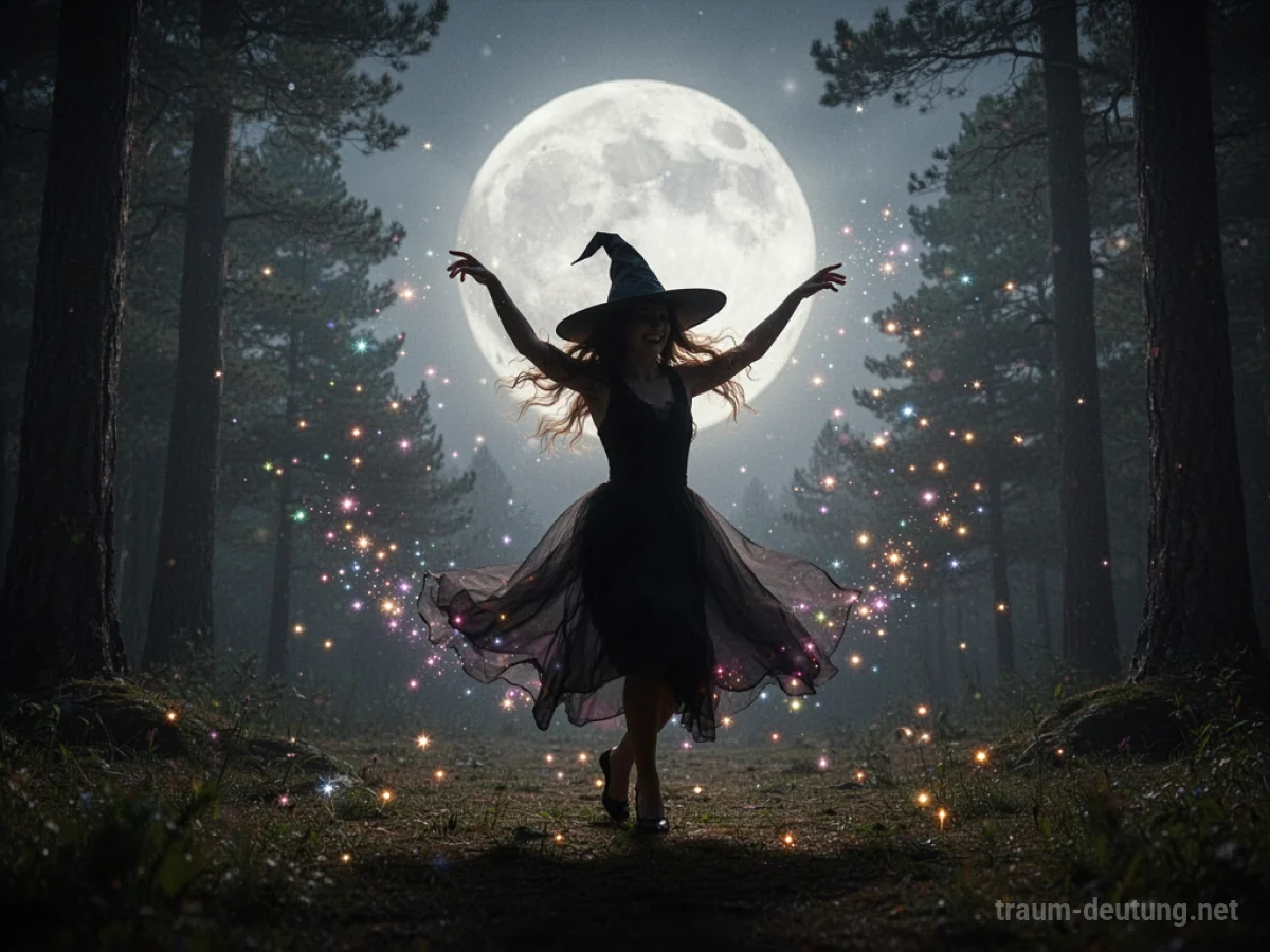 Silhouette einer tanzenden Hexe im Mondlicht im Wald