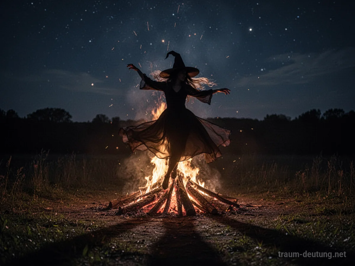 Silhouette einer Hexe, die nachts um ein Lagerfeuer tanzt.