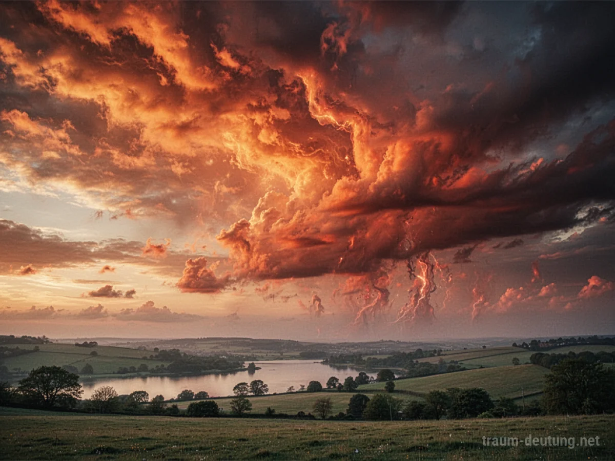 Ein brennender Himmel mit feurigen Wolken über einer ruhigen Landschaft.