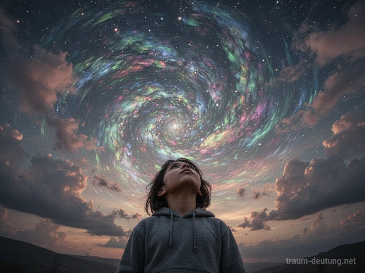 Der Himmel dreht sich im Traum mit wirbelnden Wolken und Sternen.