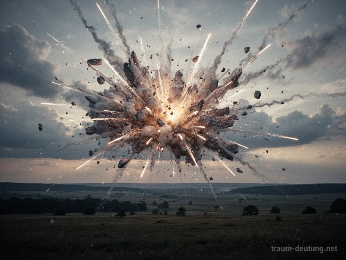 Explodierender Himmel mit Lichtstreifen und Wolkenfragmenten aus der Ferne betrachtet