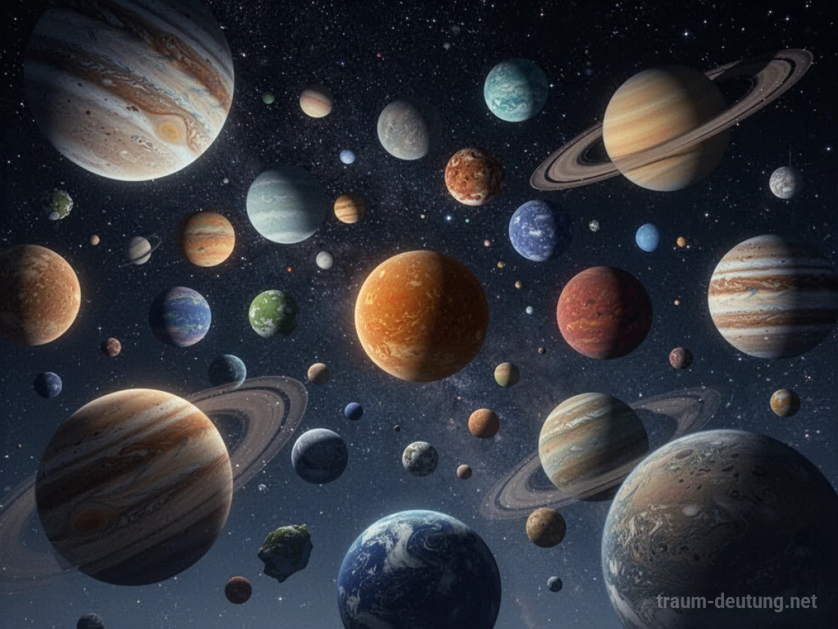 Ein dunkler Nachthimmel, der mit zahlreichen bunten Planeten übersät ist.