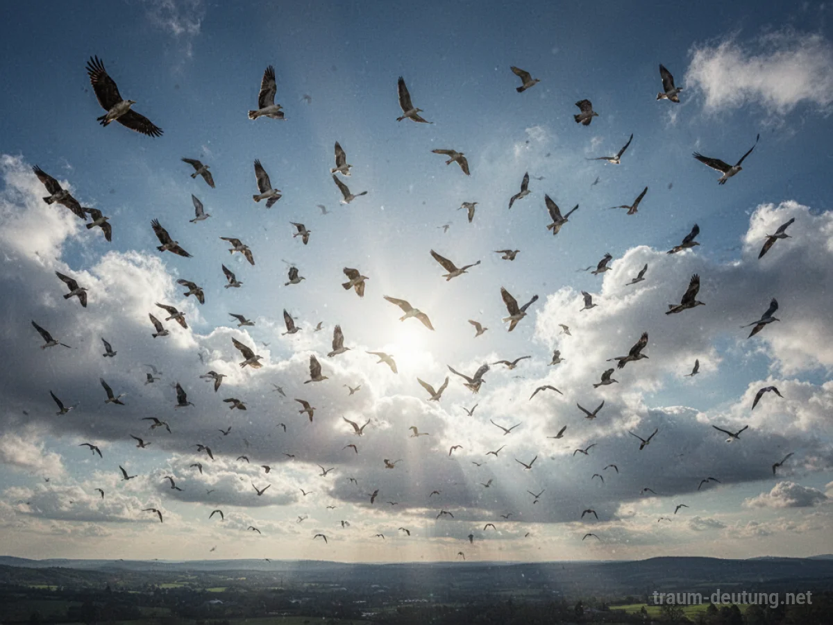 Ein weiter Himmel voller Vögel in verschiedenen Flugformationen.
