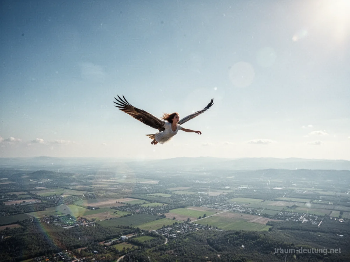 Eine Person fliegt hoch am Himmel über einer Landschaft.