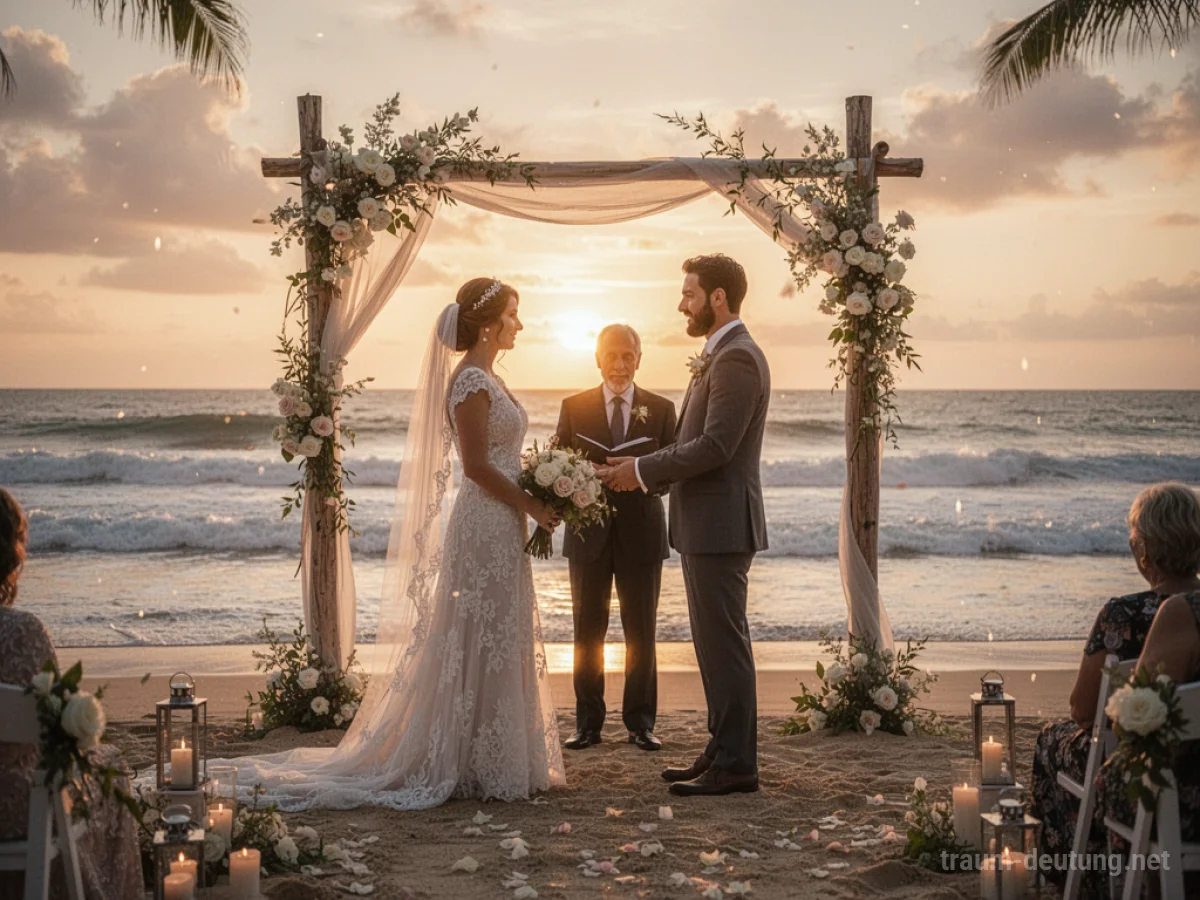 Hochzeit am Strand bei Sonnenuntergang mit Brautpaar und sanften Wellen.