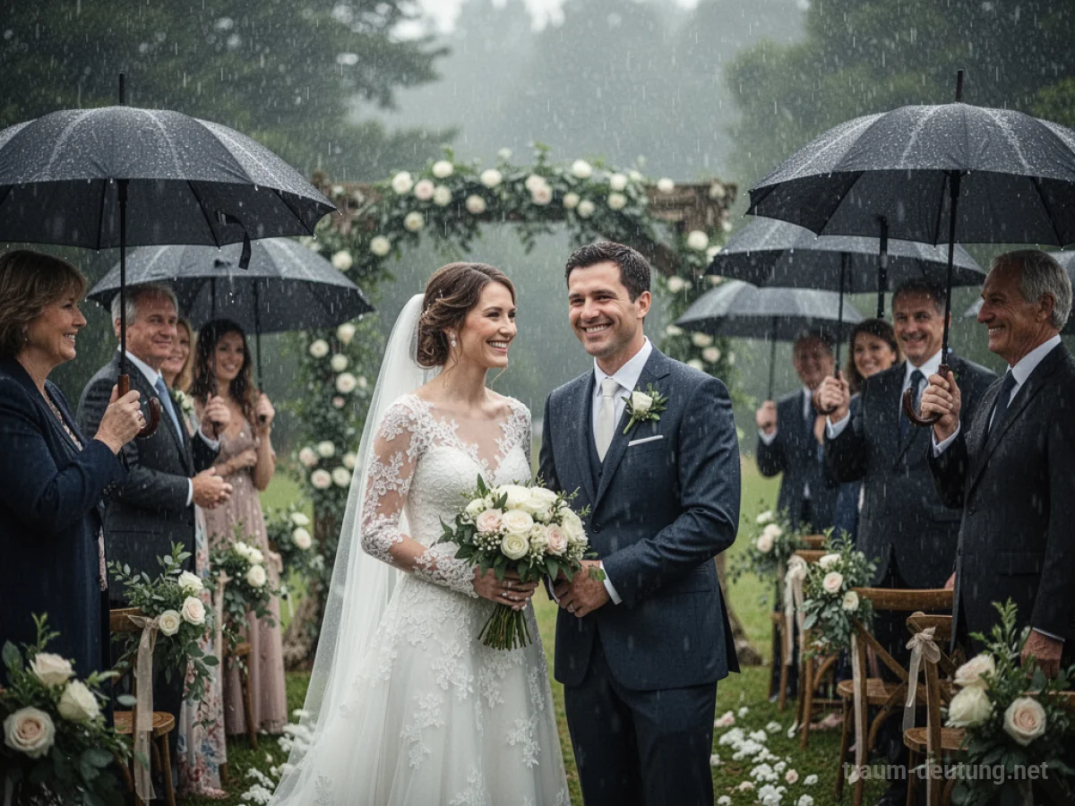 Hochzeitspaar unter Regenschirmen bei einer Zeremonie im Regen
