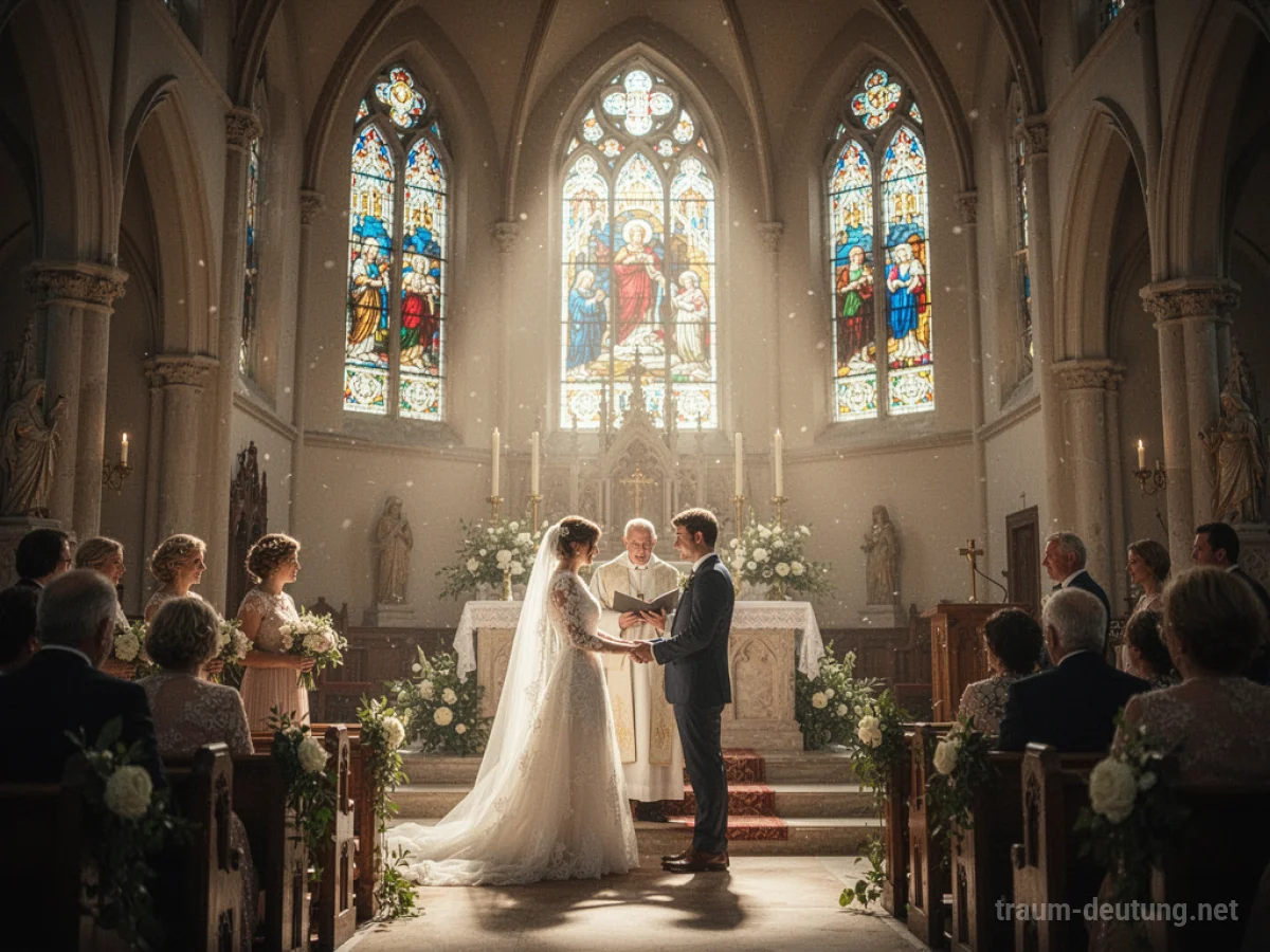 Symbolische Darstellung einer kirchlichen Hochzeit mit Fokus auf den Altar und das Licht