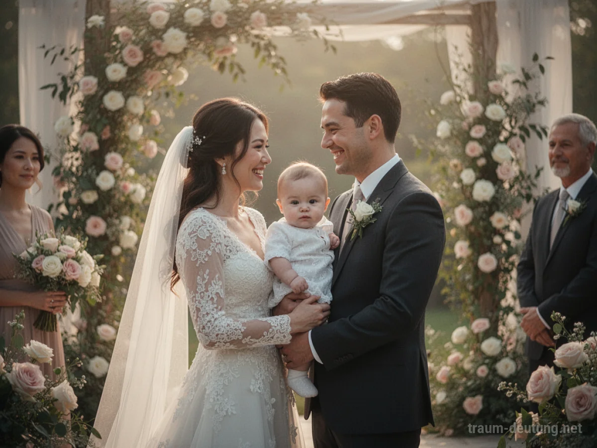 Hochzeit mit einem Baby im Arm, symbolisiert Verantwortung und Familiengründung.