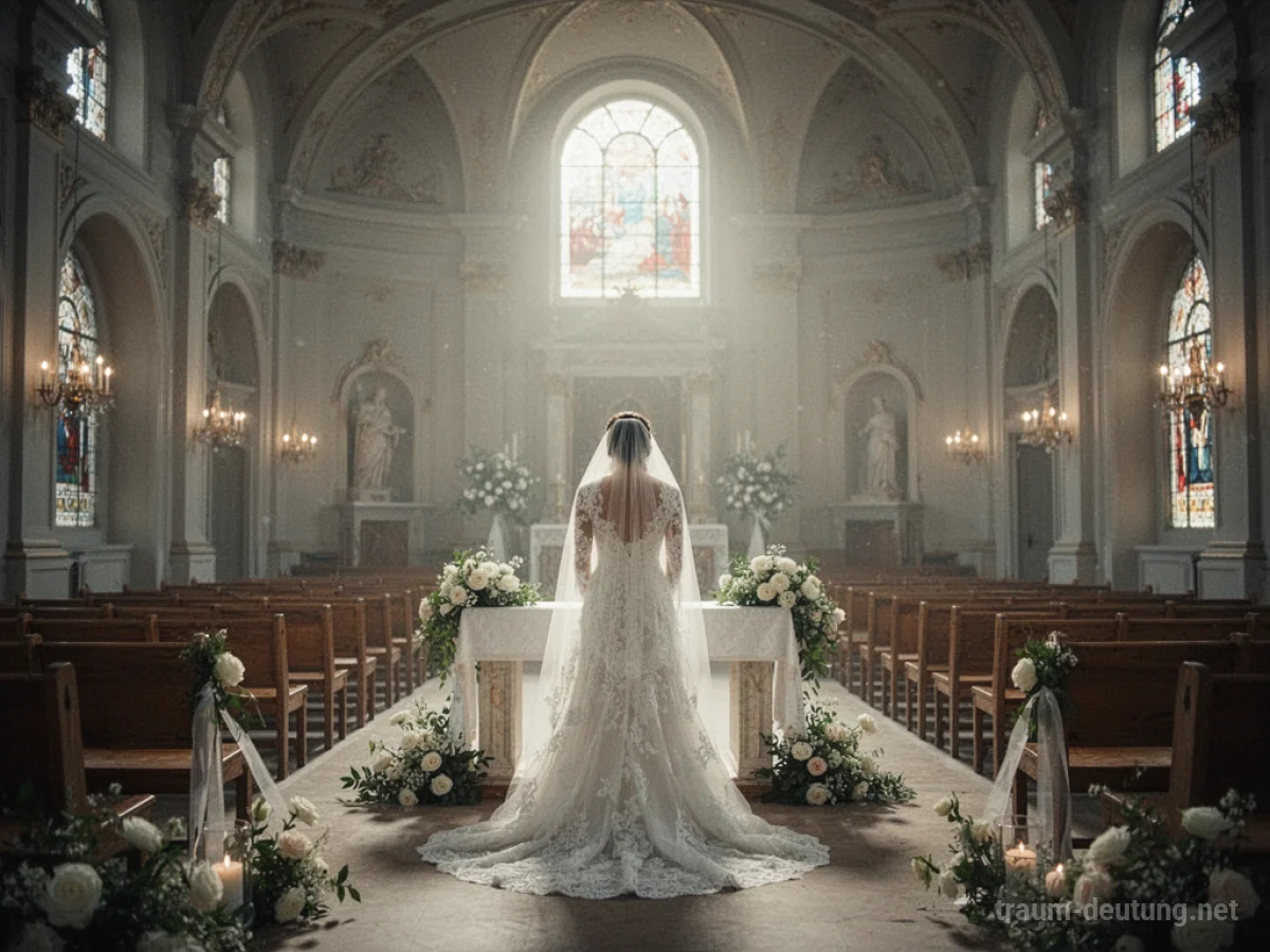 Braut steht allein am Altar in einer leeren Hochzeitskirche