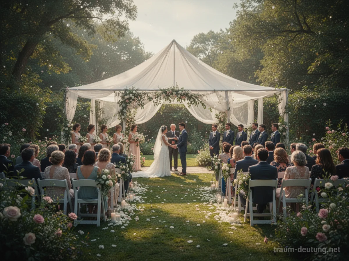 Hochzeit im Garten mit Gästen unter einem Baldachin