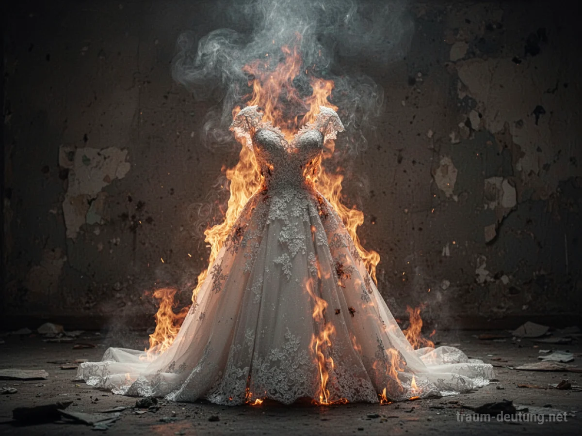 Ein brennendes Hochzeitskleid mit aufsteigendem Rauch vor dunklem Hintergrund.
