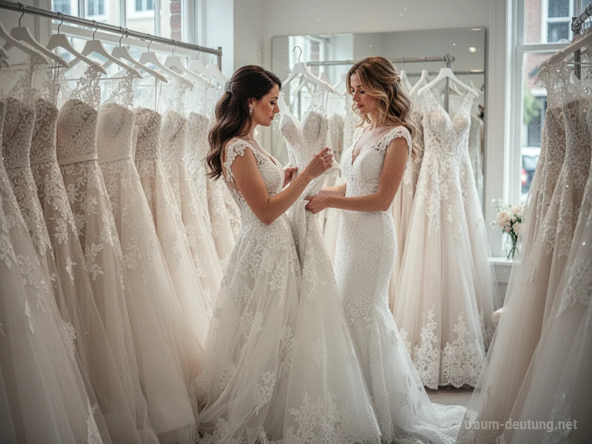Frau betrachtet ein Hochzeitskleid in einem Brautmodengeschäft.