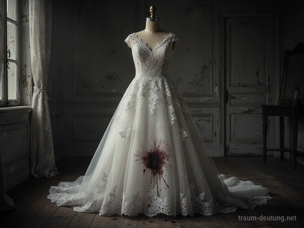 Ein Hochzeitskleid mit einem dunklen Fleck auf dem Rock in einem schwach beleuchteten Raum.