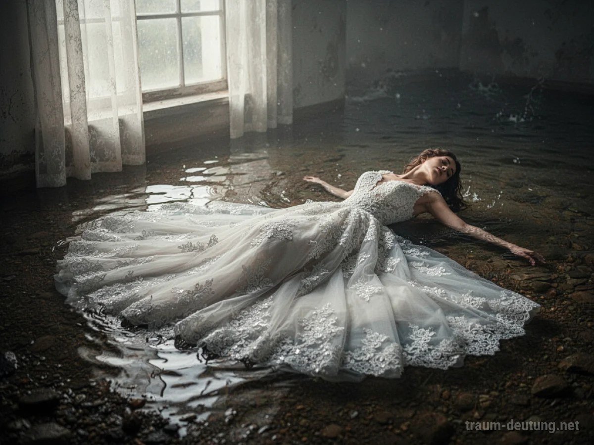 Nasses Hochzeitskleid liegt in flachem Wasser.