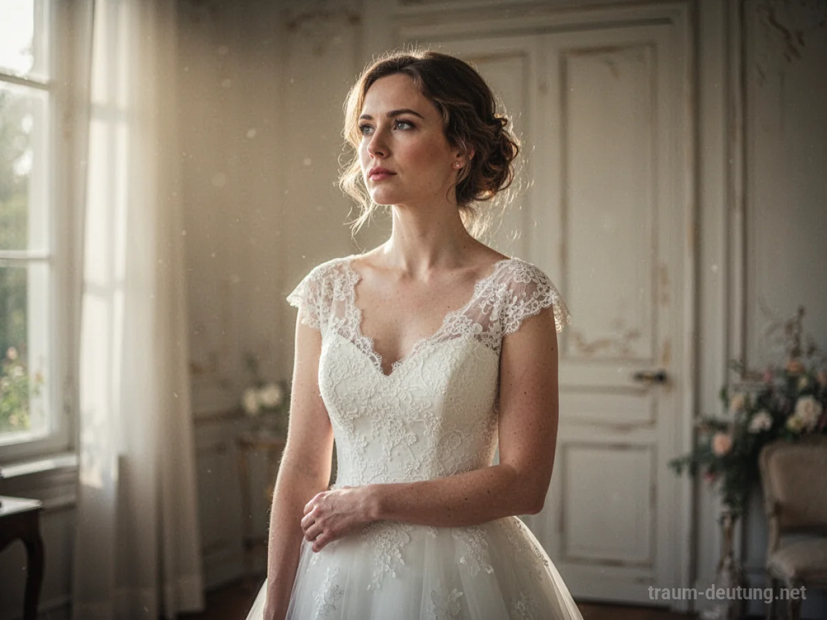 Frau in einem weißen Hochzeitskleid steht in einem hellen Raum und blickt nachdenklich in die Ferne.