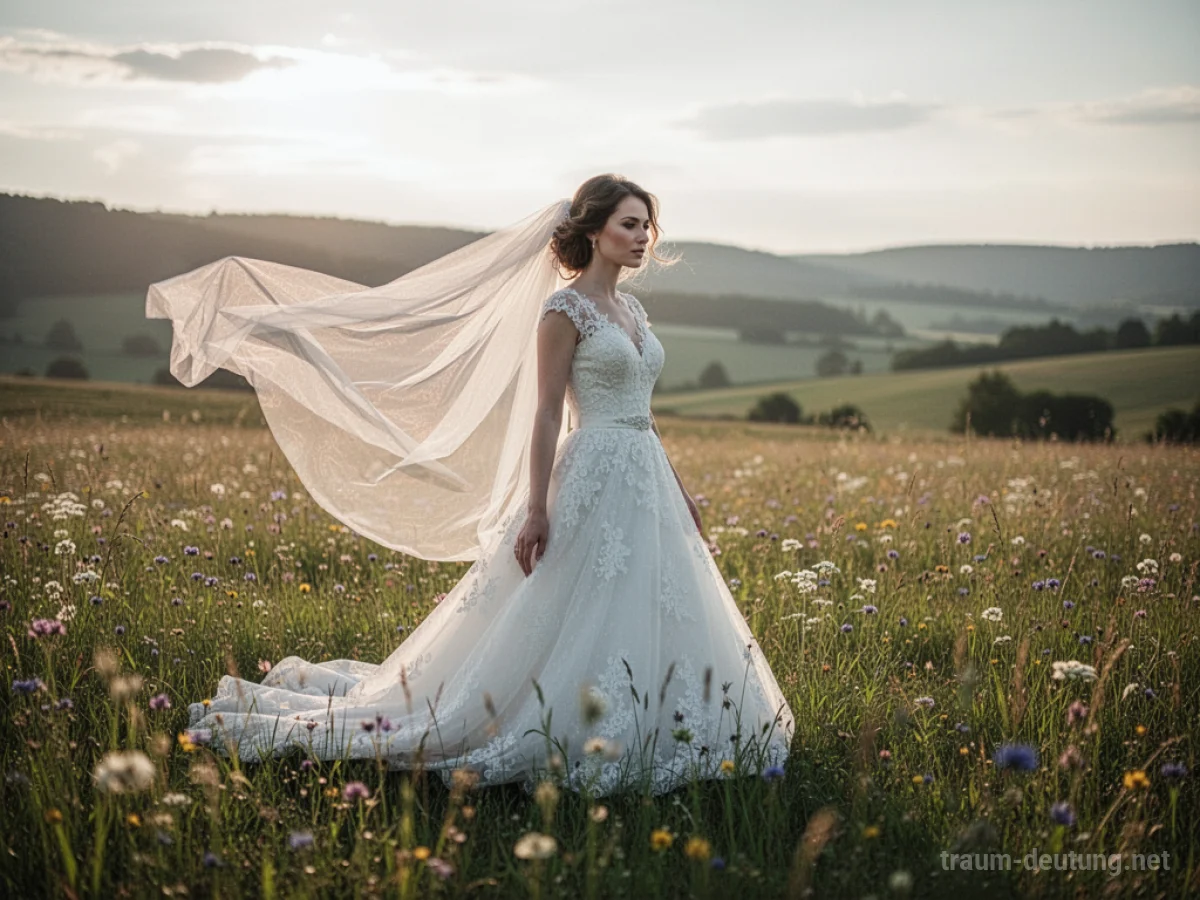 Frau in einem weißen Hochzeitskleid auf einer sonnigen Wiese
