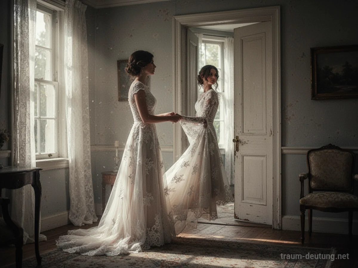 Frau mit Hochzeitskleid steht in einem hellen Raum und blickt zur Tür.