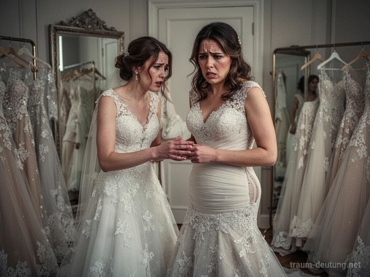 Eine Frau betrachtet ein Hochzeitskleid, das ihr sichtlich zu eng ist.