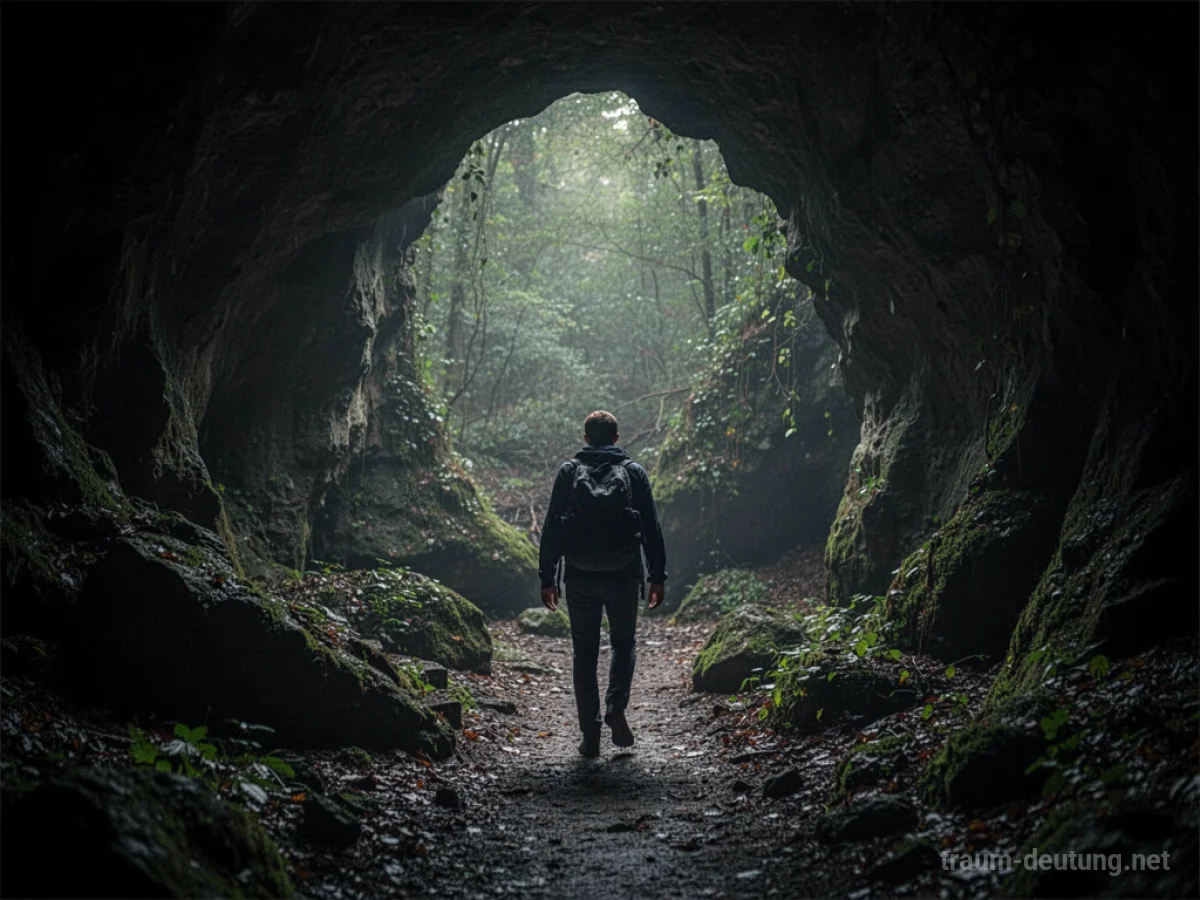 Eine Person betritt vorsichtig eine dunkle Höhle, Licht fällt von außen hinein.