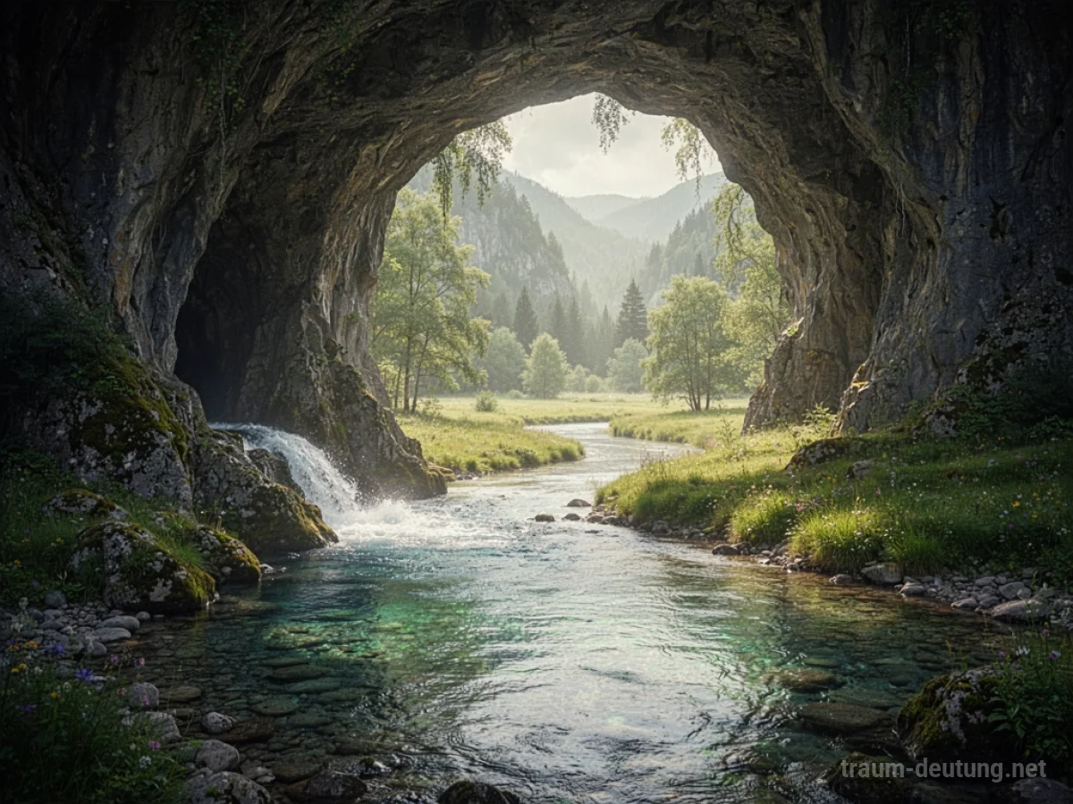 Höhle mit einem klaren Fluss, der hindurchfließt, in eine sonnige Landschaft.