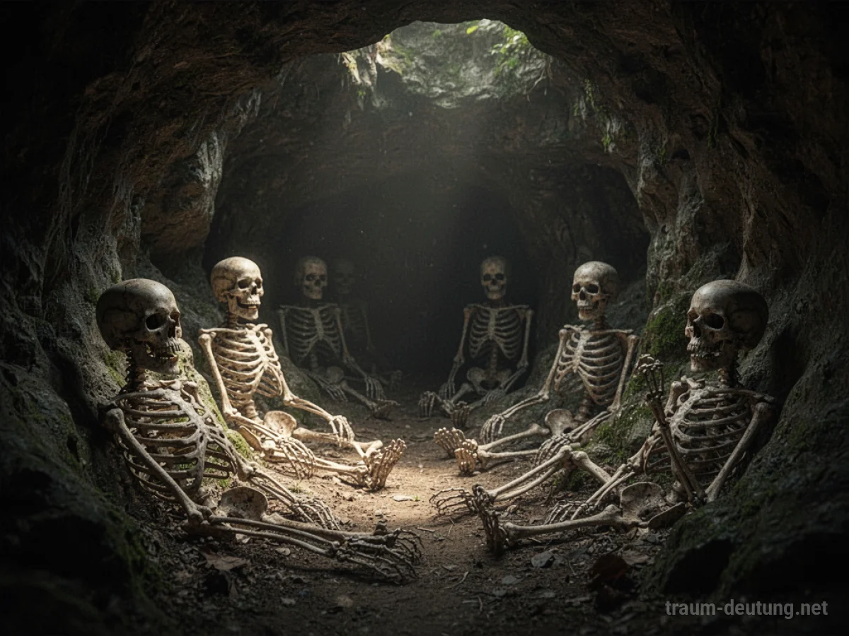 Innenansicht einer dunklen Höhle mit angedeuteten Skeletten im Schatten.