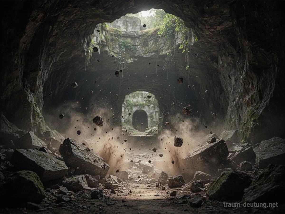 Eine Höhle stürzt im Traum ein, Dunkelheit und Trümmer füllen den Raum.