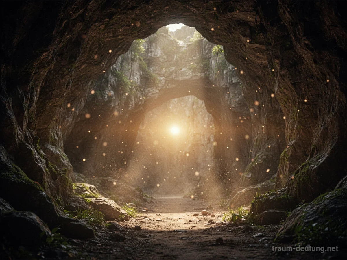 Eine dunkle Höhle, aus der helles Licht dringt und die Wände erleuchtet.