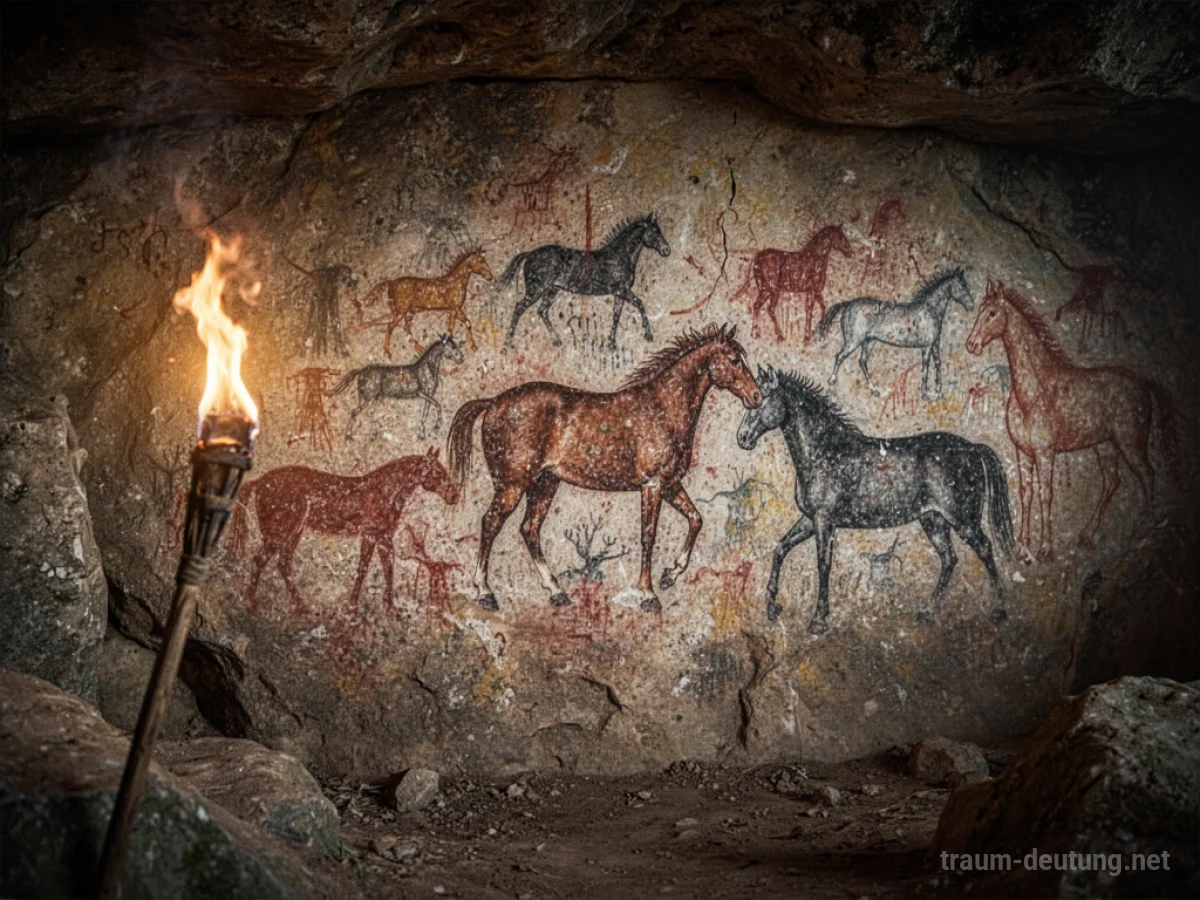 Alte Höhlenmalereien auf einer Steinwand bei Fackellicht