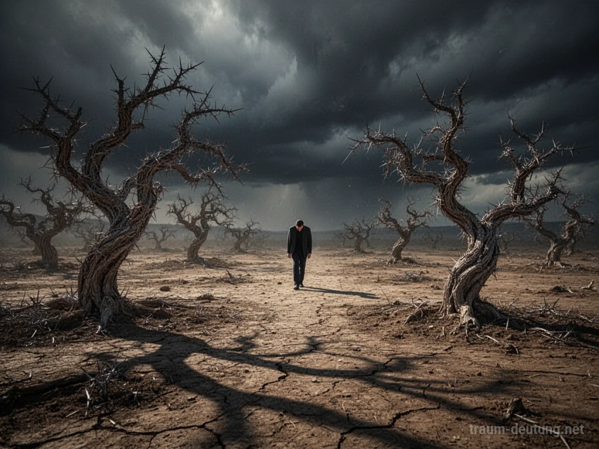 Eine einsame Person, die durch eine trostlose Landschaft geht, symbolisiert die Hölle auf Erden im Traum.