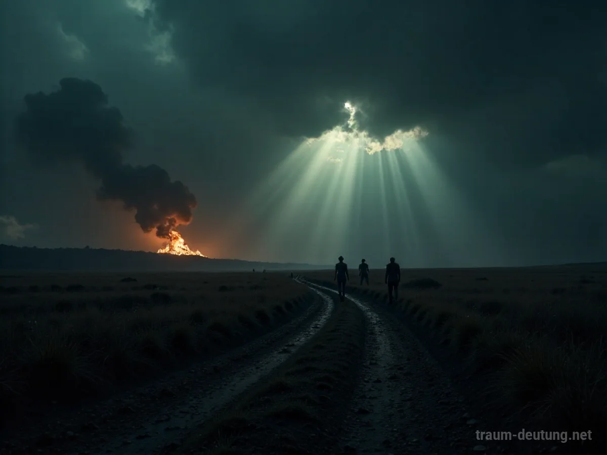 Eine düstere Landschaft mit schattenhaften Figuren, die sich unter einem stürmischen Himmel quälen.