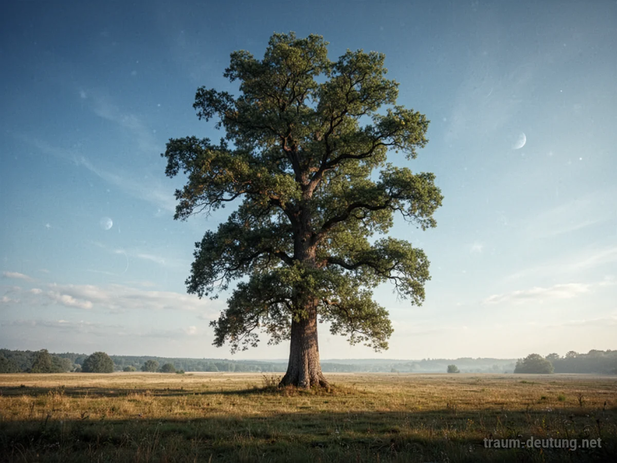 Ein hoher Baum ragt in den blauen Himmel.