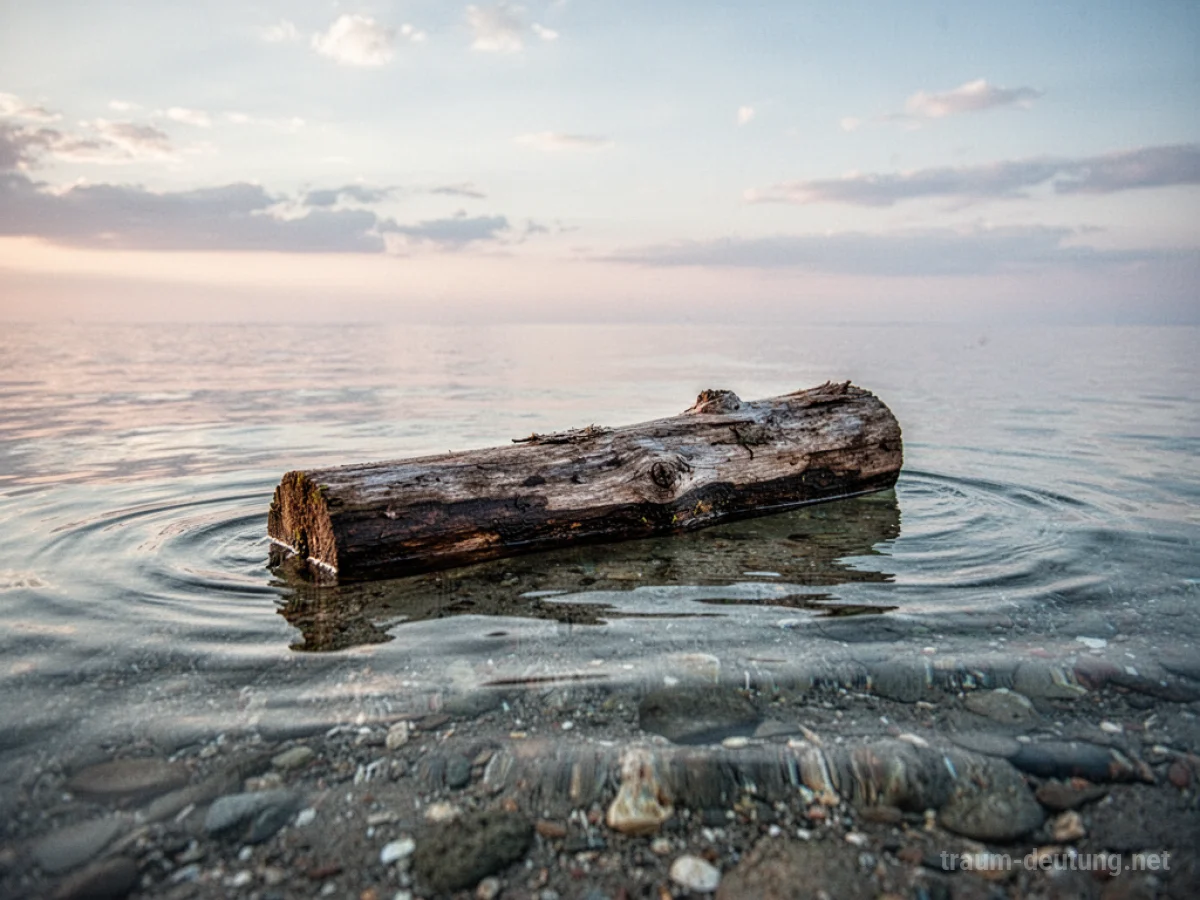 Holzstück schwimmt auf ruhigem Wasser.