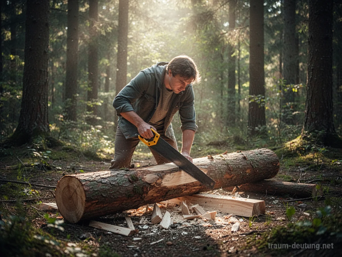 Ein Mann sägt einen Holzstamm in einem sonnigen Waldlichtung.