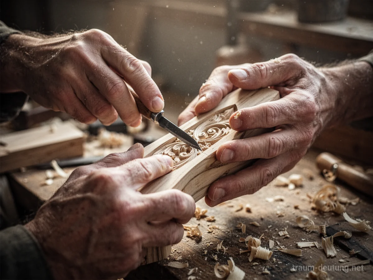Hände schnitzen ein Stück Holz mit einem Messer