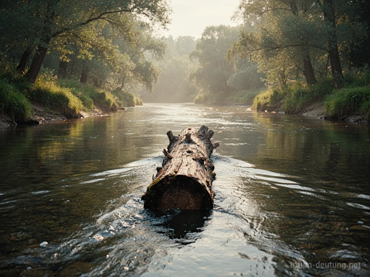 Ein Stück Holz schwimmt auf einem ruhigen Fluss davon, die Sonne scheint durch die Bäume.
