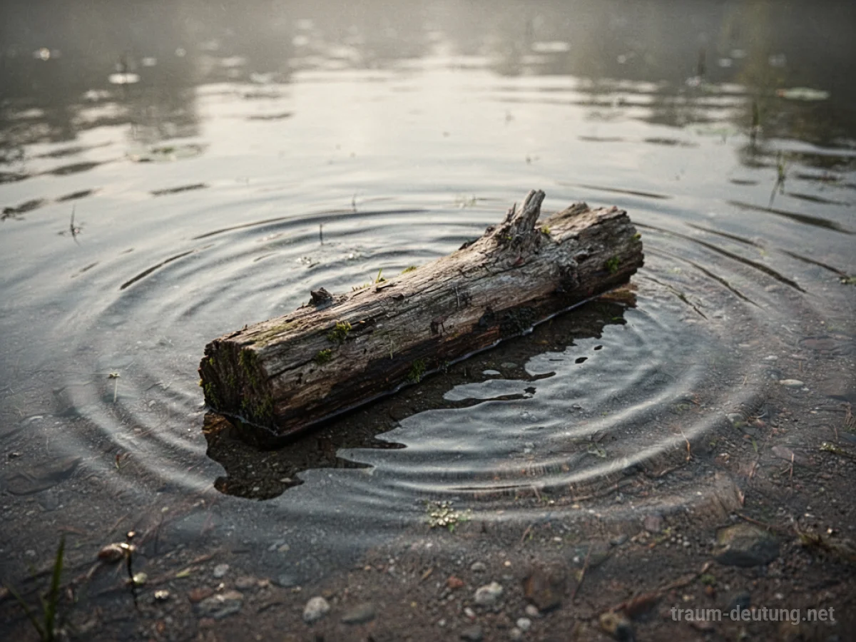 Holzstück liegt im flachen Wasser, sanfte Wellen breiten sich aus.