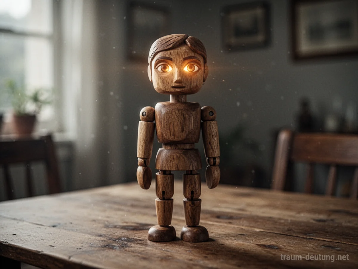 Eine Holzfigur erwacht zum Leben, ihr Körper aus Holz beginnt sich zu bewegen.
