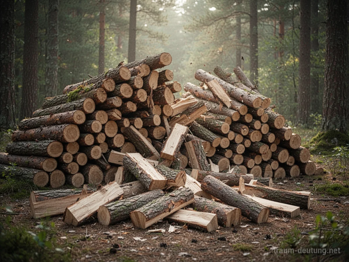 Ein großer Holzstapel kippt um und Holzscheite verteilen sich auf dem Boden.