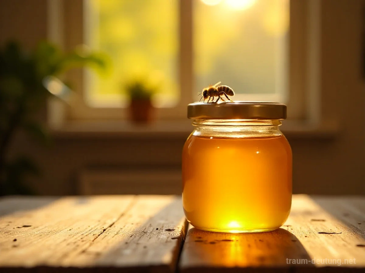 Goldener Honigtopf mit einer Biene auf dem Rand in einem hellen Raum.
