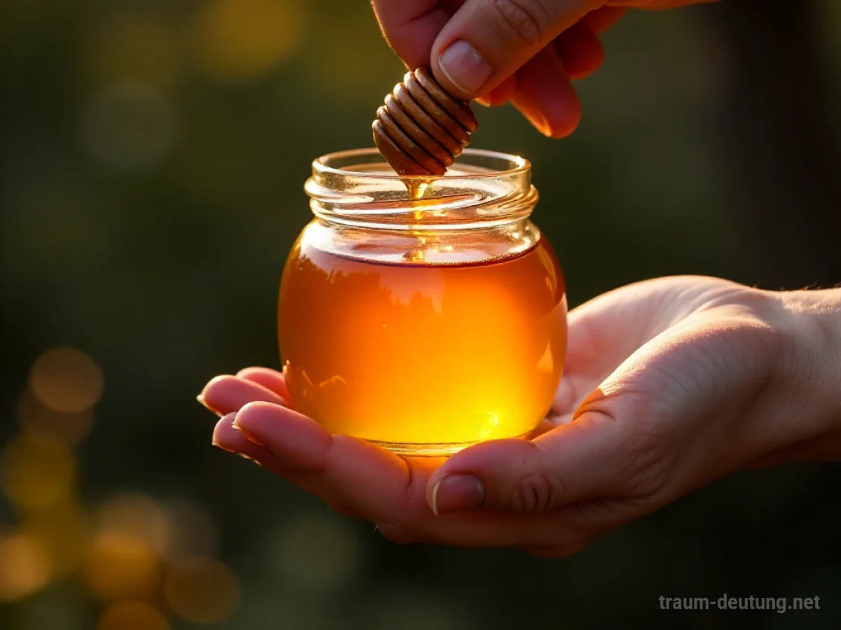 Hand empfängt ein Glas voller goldenem Honig