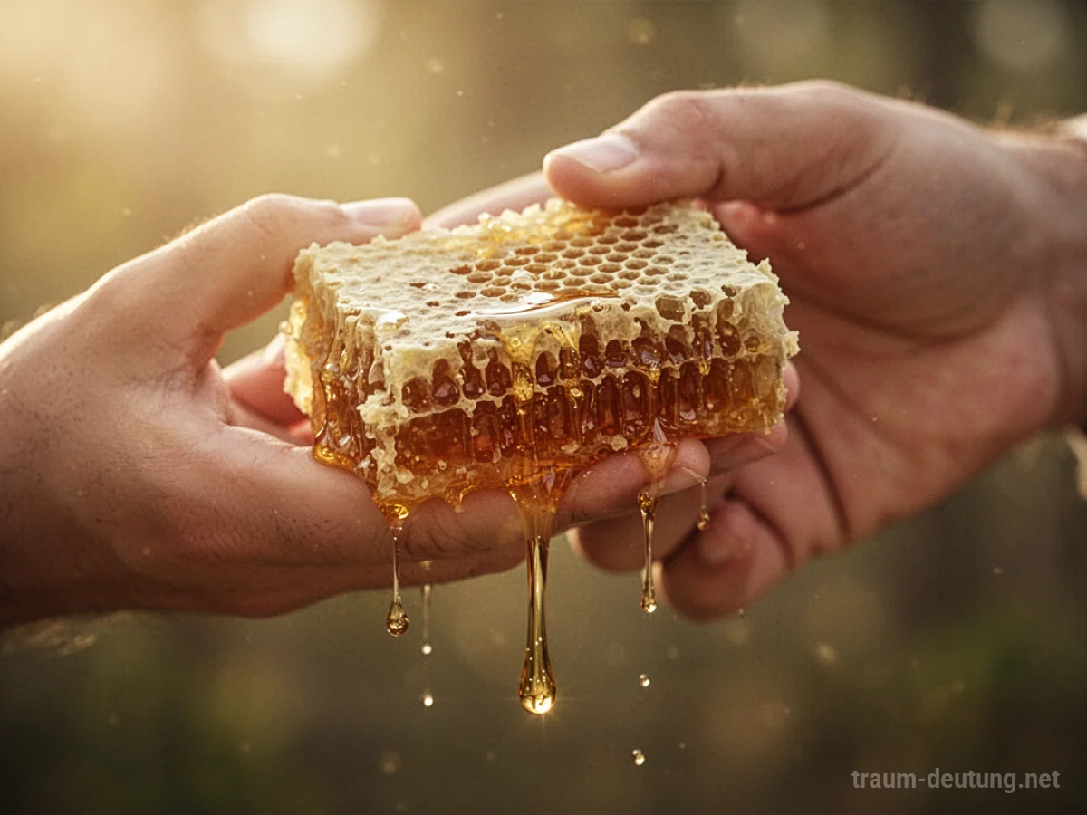 Eine Hand hält eine goldene Wabe mit tropfendem Honig.
