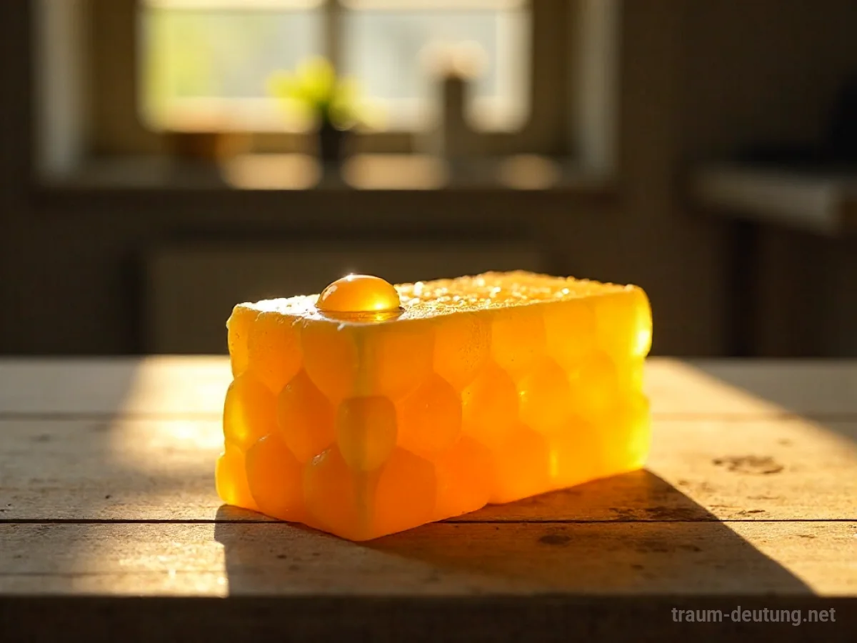 Goldener Honigwaben mit flüssigem Honig auf Holztisch