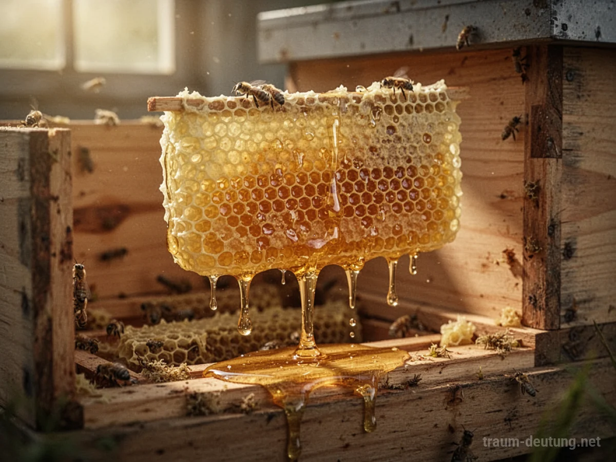 Goldener Honig tropft aus einer Wabenzelle in einem Bienenstock.