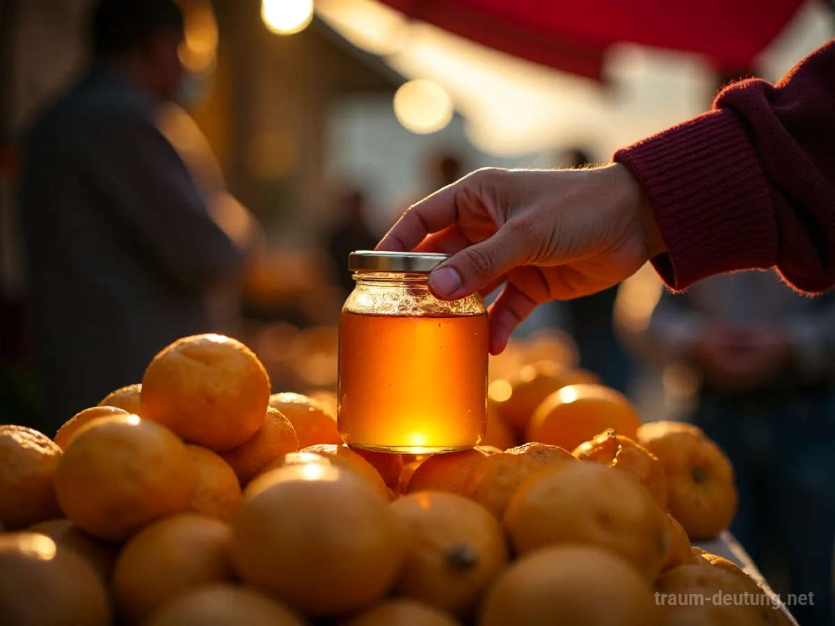Hand greift nach einem Glas Honig auf einem Marktstand.